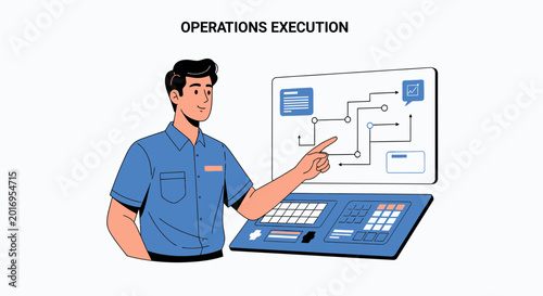 Man points to flowchart on screen, operations execution concept
