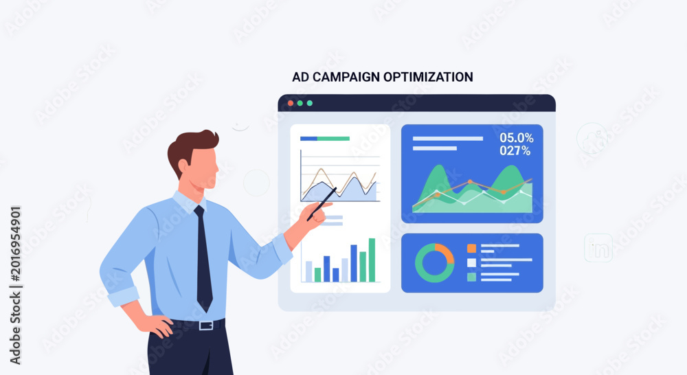 Obraz premium Man presenting ad campaign optimization data analytics dashboard