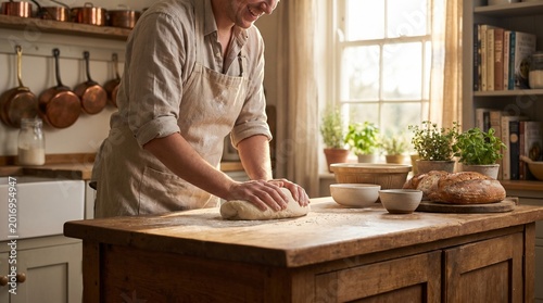 Baker kneading fresh organic bread dough on wooden table in rustic kitchen