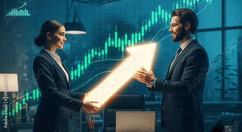 A stylish young woman and man smiling while lifting a golden rising arrow above a digital financial chart, representing teamwork, business growth