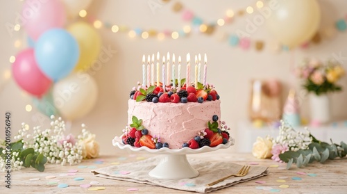 Pink frosted birthday cake with lit candles on decorated table
