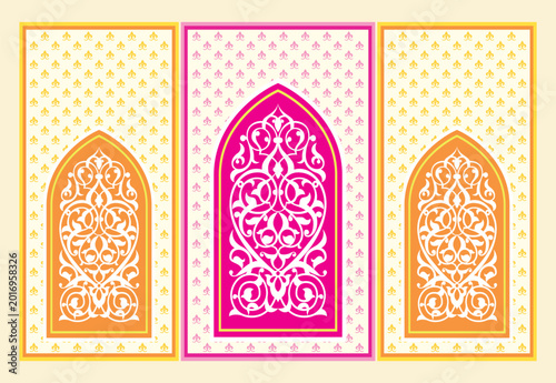 haldi backdrop decor design with Traditional Mughal arabic Floral Motif Illustration. Antique Indian Mughal Floral Wall Art. botanical floral ethnic motif. prayer carpet