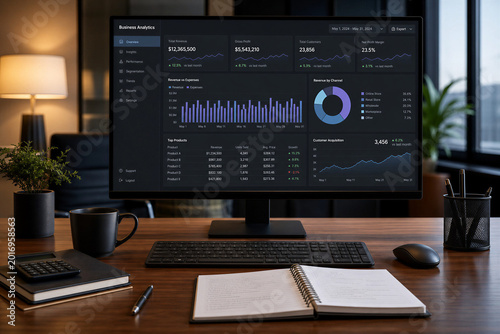 Modern Corporate Business Analytics Dashboard on Computer Monitor in Professional Office Environment with Financial Data Charts and Accounting Workspace