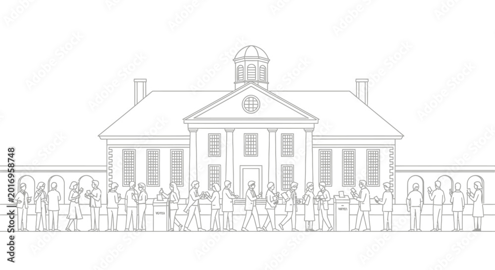 Naklejka premium Citizens Queueing Outside Grand Public Building