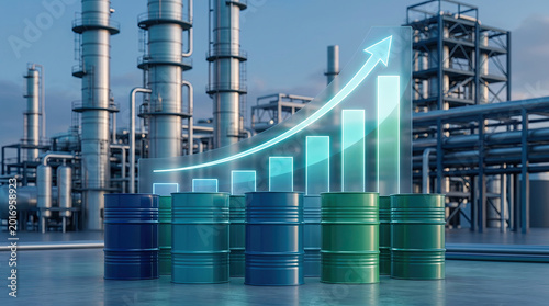 Oil barrels with stock market graph and oil rig background concept. Graph showing growth over barrels in an industrial setting.