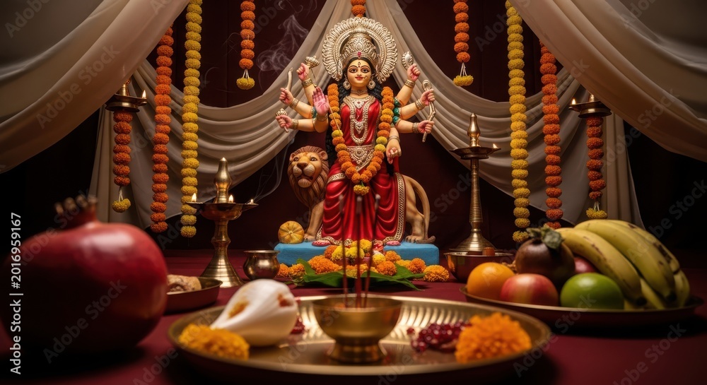 Obraz premium Beautiful idol of goddess durga decorated for navratri festival with traditional offerings and lamps