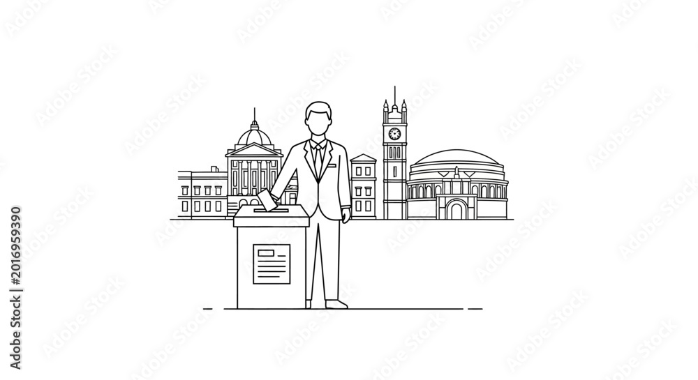 Naklejka premium Man Casting Vote in Front of City Skyline