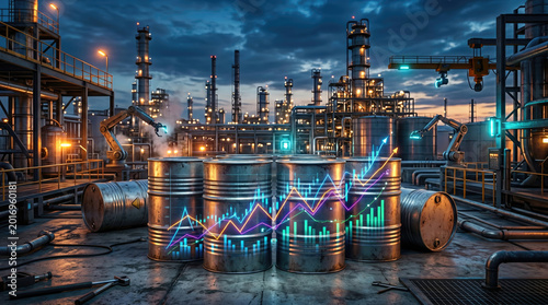 Oil barrels with stock market graph and oil rig background concept. Industrial scene with barrels and dynamic business graphs.