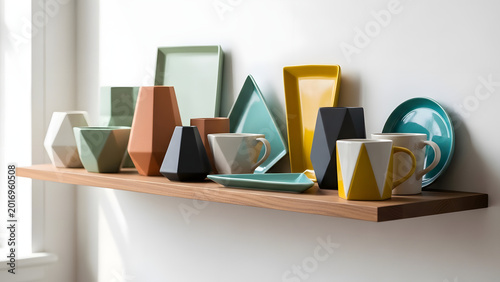 Colorful geometric ceramic dishes on a wooden shelf