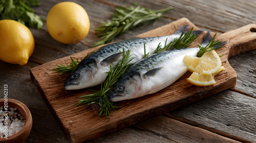 Fresh Mackerel with Lemon & Rosemary on Rustic Wood