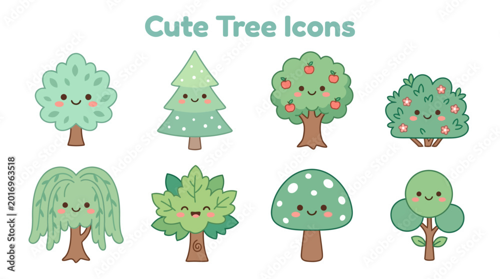 Obraz premium Smiling Cartoon Trees and Bushes with Faces for Nature Theme Collection