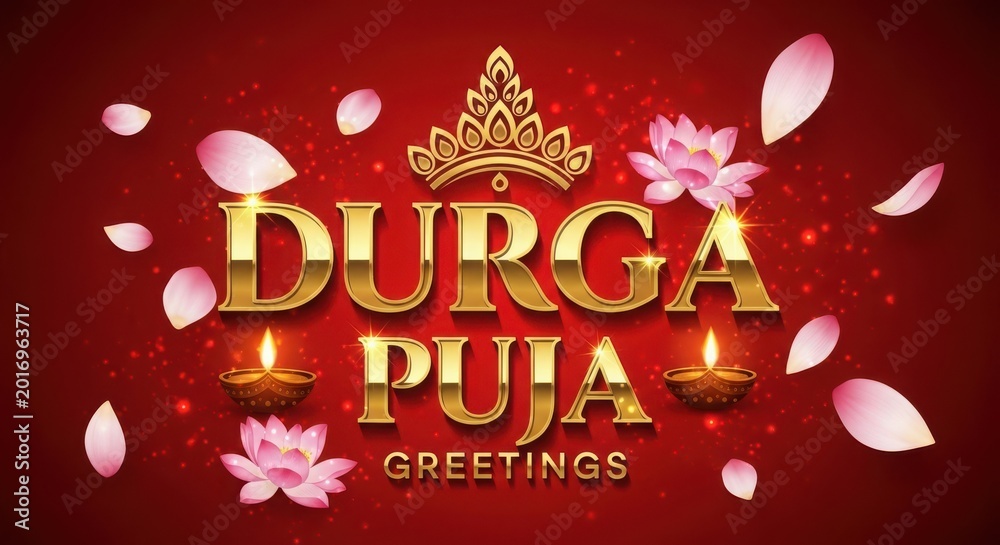 Naklejka premium Durga puja greeting card with golden text, lotus flowers, and traditional oil lamps on a red background