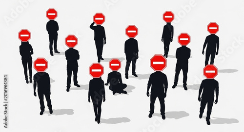 Foto Group of people with stop signs for heads representing restriction
