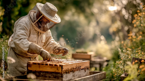 beekeeper in protective suit checking hive nature