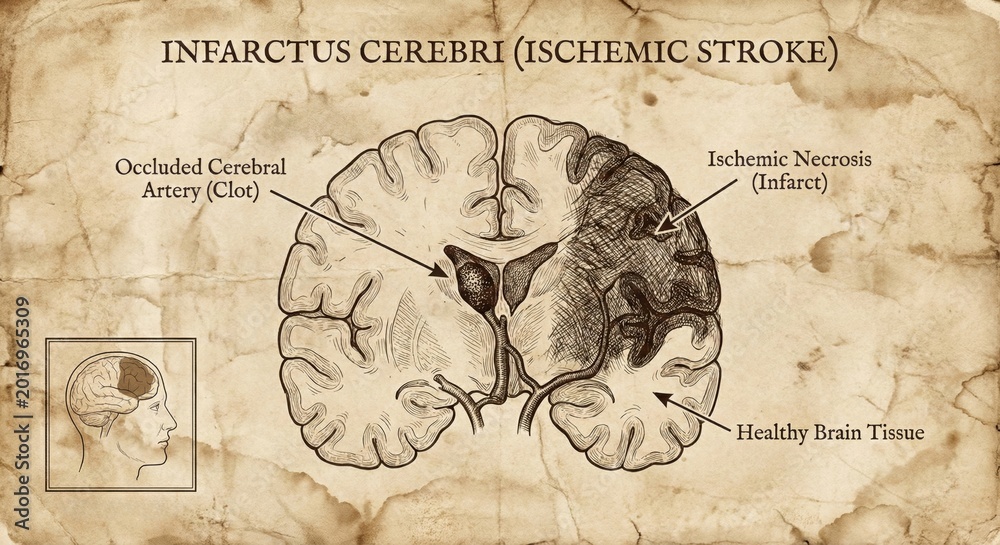 Obraz premium Detailed Ischemic Stroke Brain Infarct Diagram Medical Illustration.
