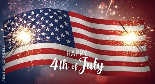 Happy 4th of July celebration with American flag and sparkles