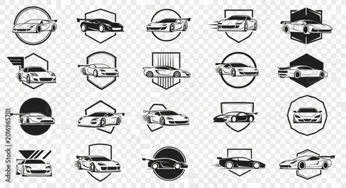 Canvastavla Set of racing car emblems and logos in black and white.