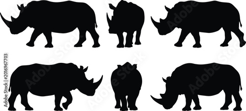 Bild auf Leinwand Rhinoceros Silhouette Collection with Wild African Rhino Animal Poses for Safari