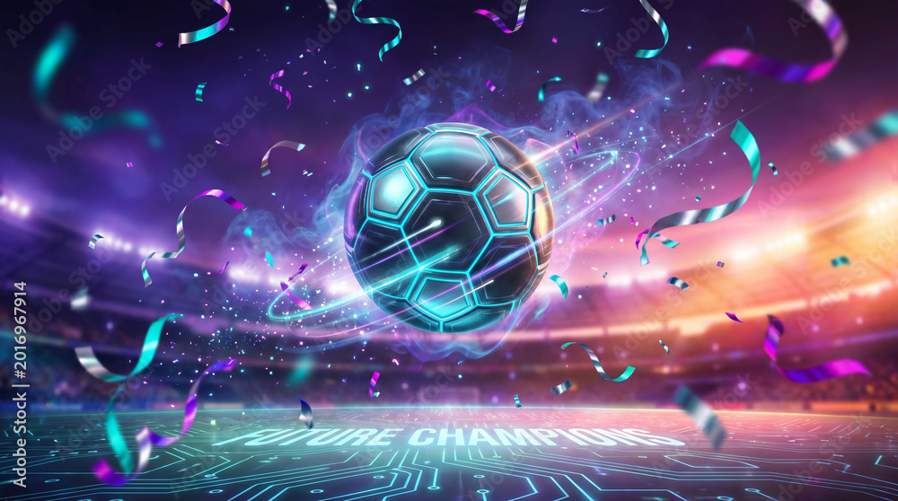 Naklejka premium Glowing futuristic soccer ball floating in a stadium with flying confetti and neon light effects, vibrant sports action scene