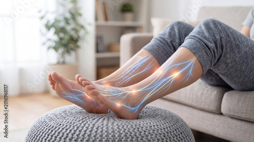 Visual depiction nerve pain tired legs neuropathy movement concept. A relaxed person showcasing illustrated energy flow in legs.