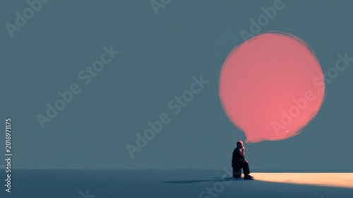 Man sitting near the large red speech bubble with a beam of light. A conceptual artwork representing communication, thought, or dialogue