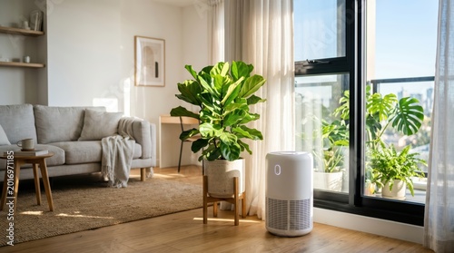 Air purifier running near potted plant in sunny living room