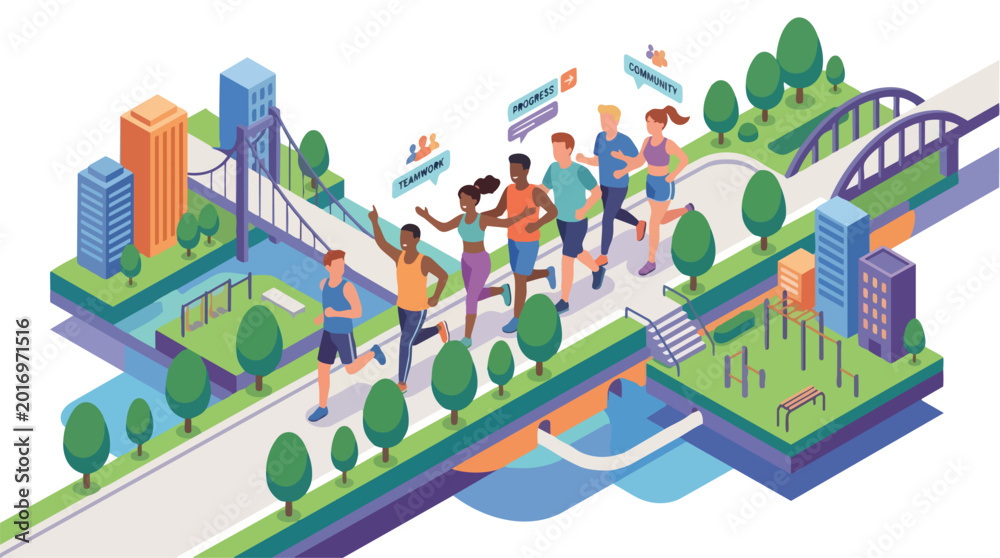 Fototapeta premium Diverse group of people running together in an isometric city park.