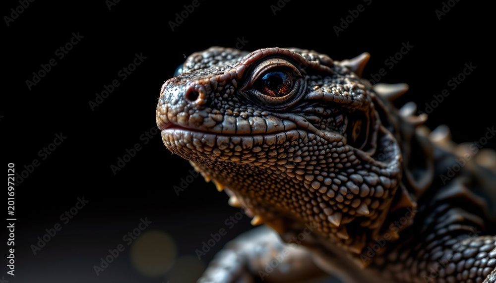 Obraz premium The image features a close up view of a lizard's head, with detailed textures of its scales and skin clearly visible