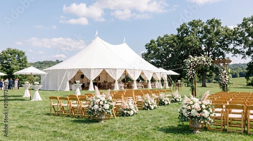 A beautiful outdoor wedding setup with a large white tent and floral arrangements.