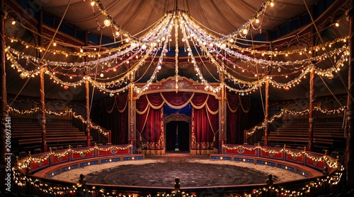 A beautifully decorated circus tent with vibrant lights and elegant drapery.