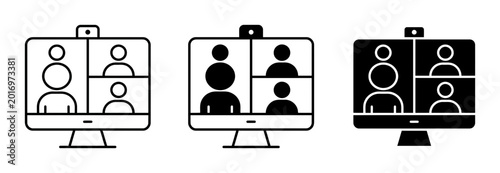Tableau sur toile Video conference silhouette icons set, people communicating on computer screen,