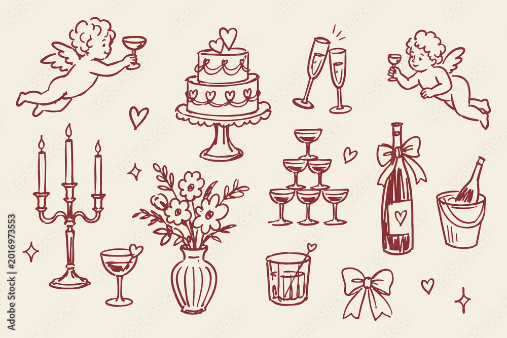 Obraz premium Wedding Celebration Cupid Red Ink Sketch Set Vector