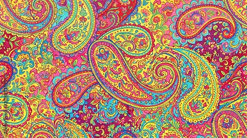 Vibrant seamless paisley floral pattern with colorful ornamental swirls retro boho textile wallpaper background design