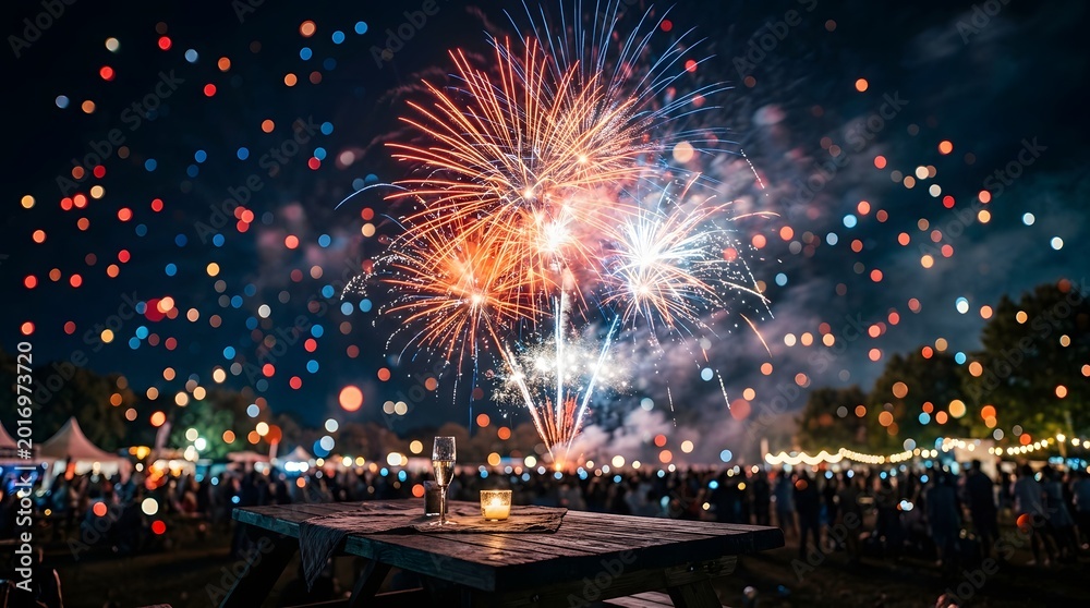 Obraz premium Spectacular fireworks burst over a festive crowd at night, with a champagne glass and candle on a picnic table, celebrating a special event.