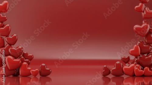 Glossy red hearts arranged in corners create a festive and romantic background perfect for celebrating valentine day events or expressing love during special holiday season moments