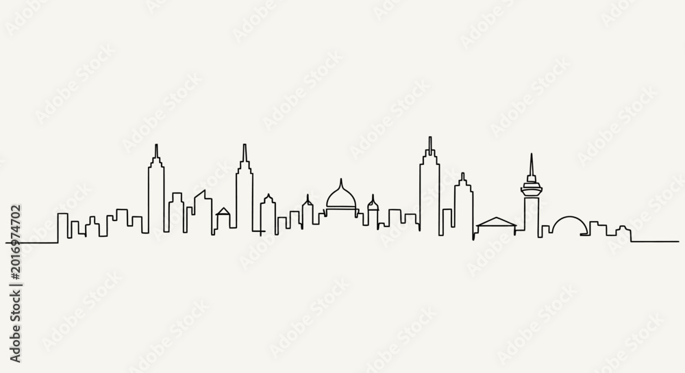 Fototapeta premium Minimalist Cityscape Skyline Drawing, Modern Architecture, Urban Landscape, Single Line Art