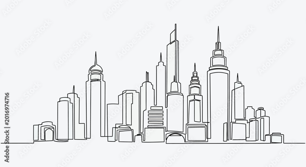 Fototapeta premium Minimalist continuous line drawing of a modern city skyline with skyscrapers