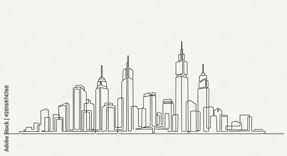 Fototapeta premium Minimalist continuous line drawing of a modern city skyline with skyscrapers