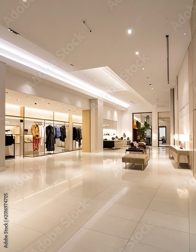 A spacious, well-lit interior with white walls and floor