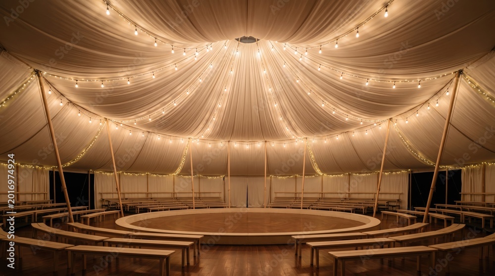© Tin - Captivating view inside circus tent with garlands magical concept. A beautifully lit event space with a spacious wooden floor and elegant drapery. © Tin - Captivating view inside circus tent with garlands magical concept. A beautifully lit event space with a spacious wooden floor and elegant drapery.