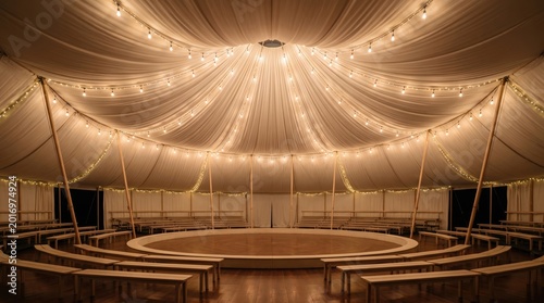 Captivating view inside circus tent with garlands magical concept. A beautifully lit event space with a spacious wooden floor and elegant drapery.