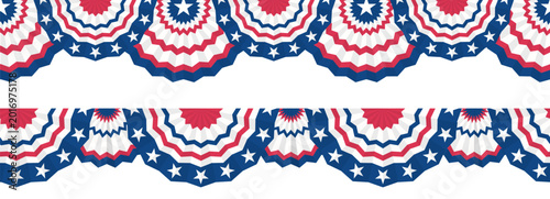 Paper fans and stars in American colors seamless border. Half Circle bunting garlands red, white, and blue.patriotic decoration. July 4, independence day. for design poster, brochure, banner, website.