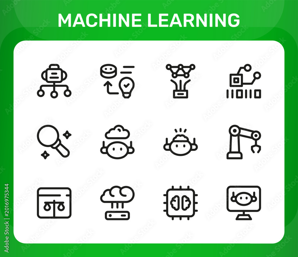 Fototapeta premium Machine Learning icon set. Editable line icons. Professional and modern outline icon pack vector illustration showing binary code patterns and digital encryption in a minimal design.