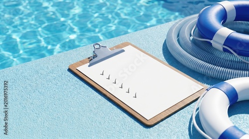Pool pro checks list near blue water ensures safety concept. A clipboard with checklist beside a swimming pool and lifebuoy on a sunny day.