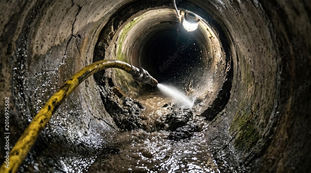 Fototapeta premium A close-up of a sewer pipe with water flowing and a light illuminating the interior.