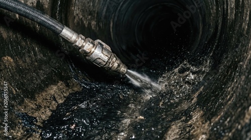 Maintenance severed main sewer pipe hydro jet cleaning concept. A close-up of a hose spraying water into a dark, industrial drain.