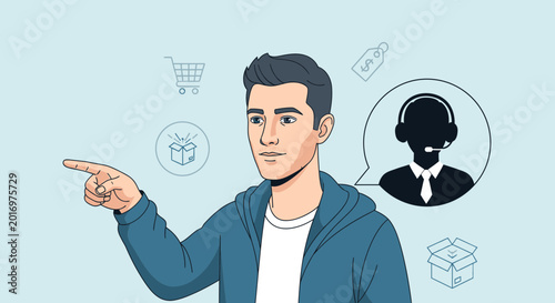Customer service advisor interacting with online shopping icons