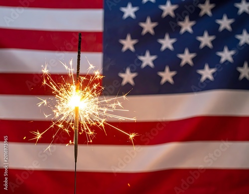 A sparkler glowing brightly in front of a waving American flag