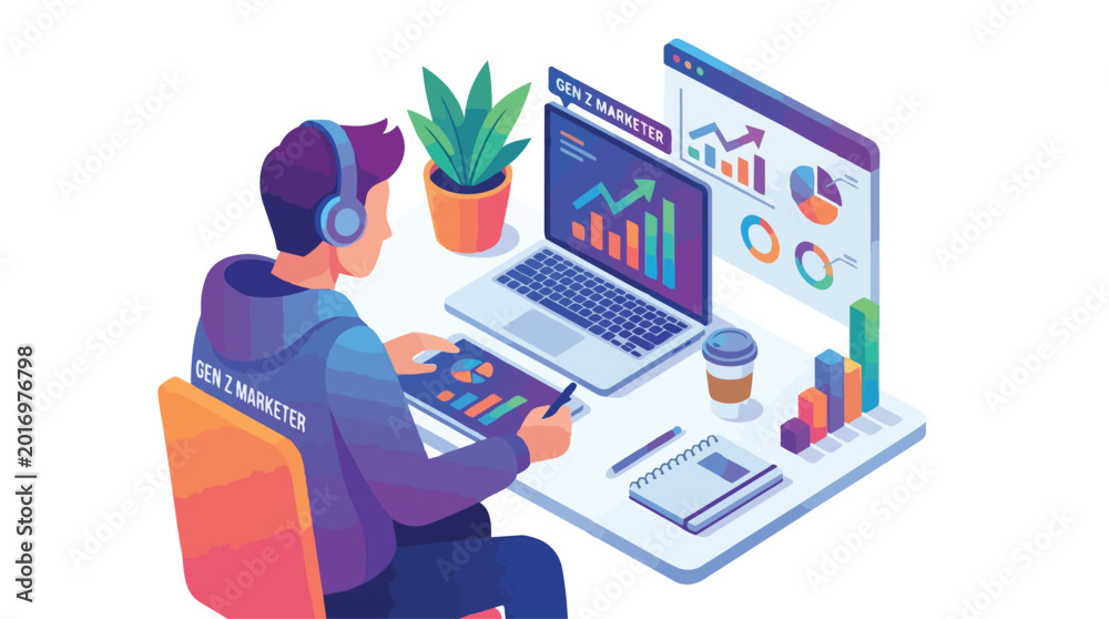 Naklejka premium Isometric illustration of a data analyst working on a computer.