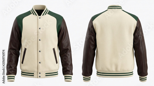 Varsity jacket with brown and green accents.